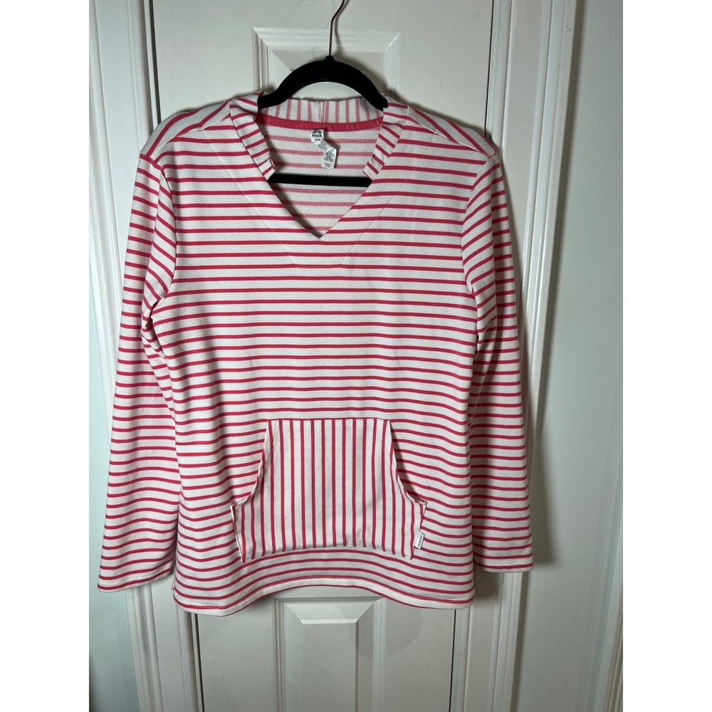 RBX Live Life Active Pink White Striped V-Neck Kangaroo Pocket Top Medium